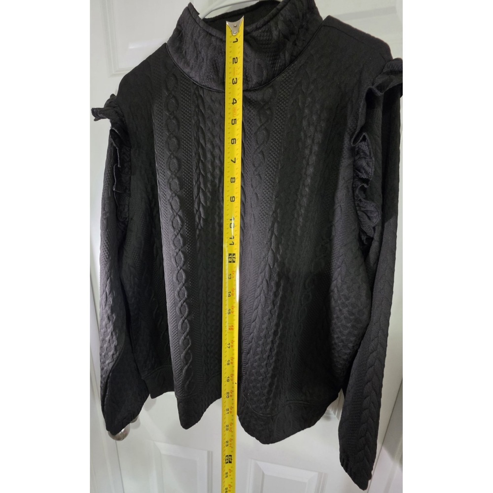 Umgee Black Textured Pullover Top Ruffle Sleeve Gold Zip Mock Neck Womens - Picture 4 of 6